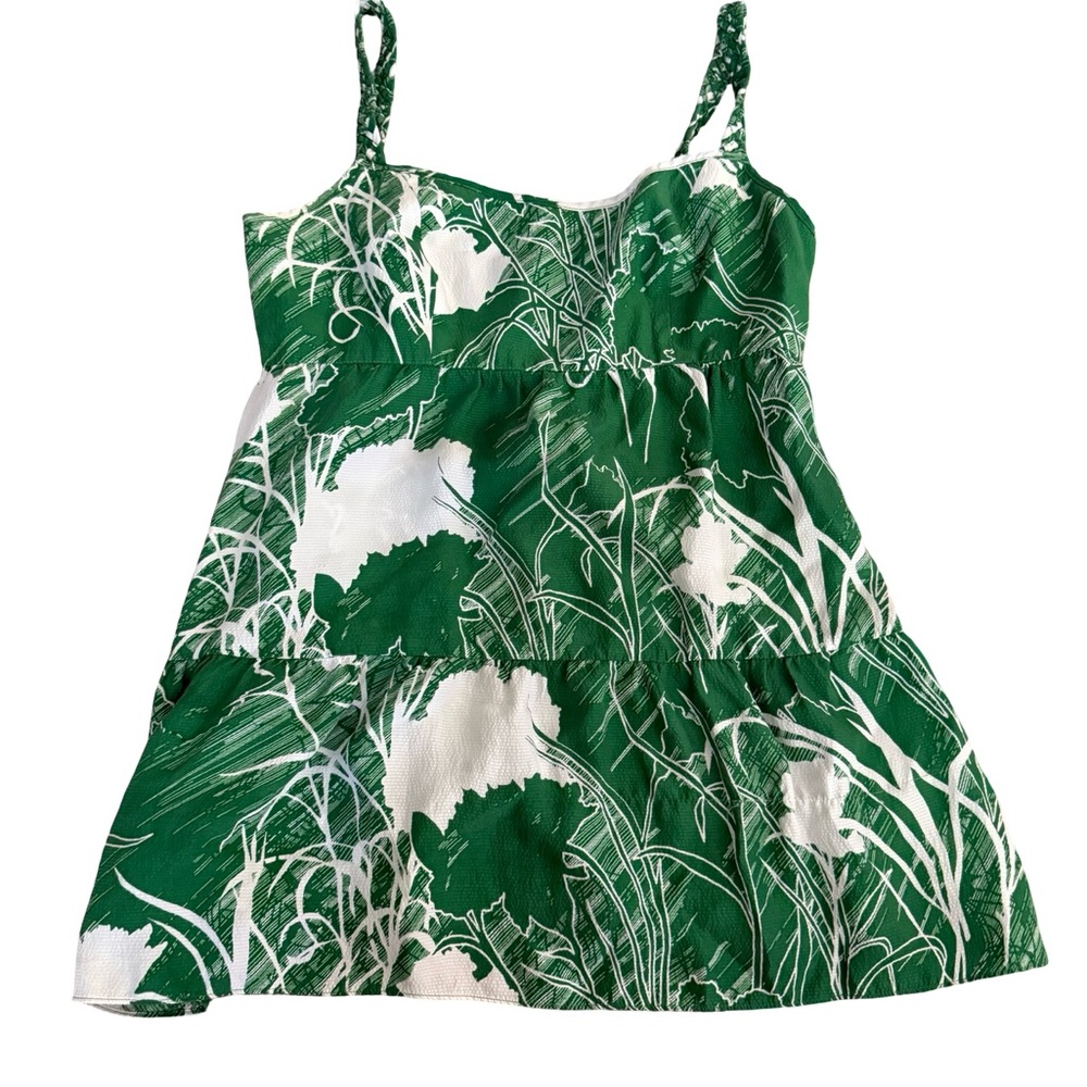 Beth Bowley Green and White Floral Spaghetti-Strap Top